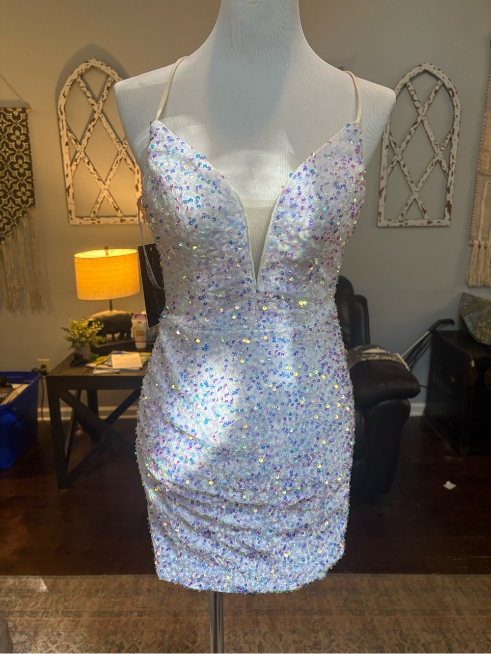 Sophia Thomas Sequin Embellished White Cocktail Dress with Plunge Neckline